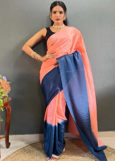 1 Min Alia Bhatt Style Peach Soft Chinnon Stitched Readymade Saree