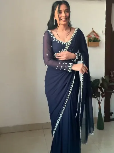 1 Min Navy Blue Georgette Pearl Work Stitched Readymade Saree