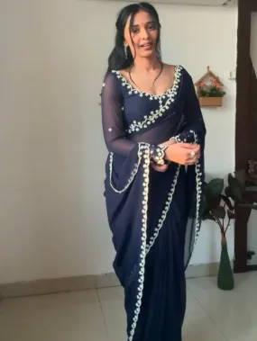 1 Min Navy Blue Georgette Pearl Work Stitched Readymade Saree