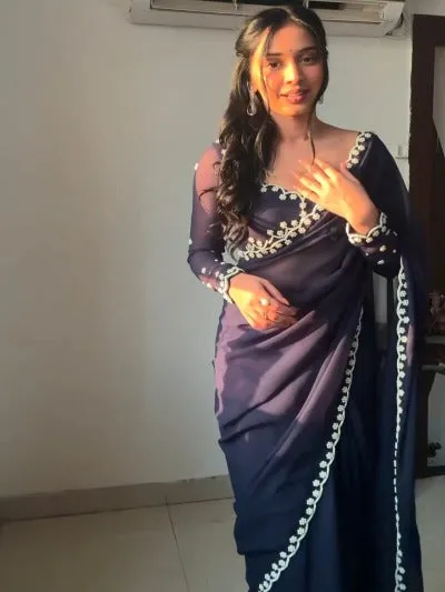 1 Min Navy Blue Georgette Pearl Work Stitched Readymade Saree