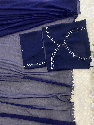 1 Min Navy Blue Georgette Pearl Work Stitched Readymade Saree