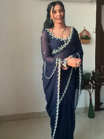 1 Min Navy Blue Georgette Pearl Work Stitched Readymade Saree