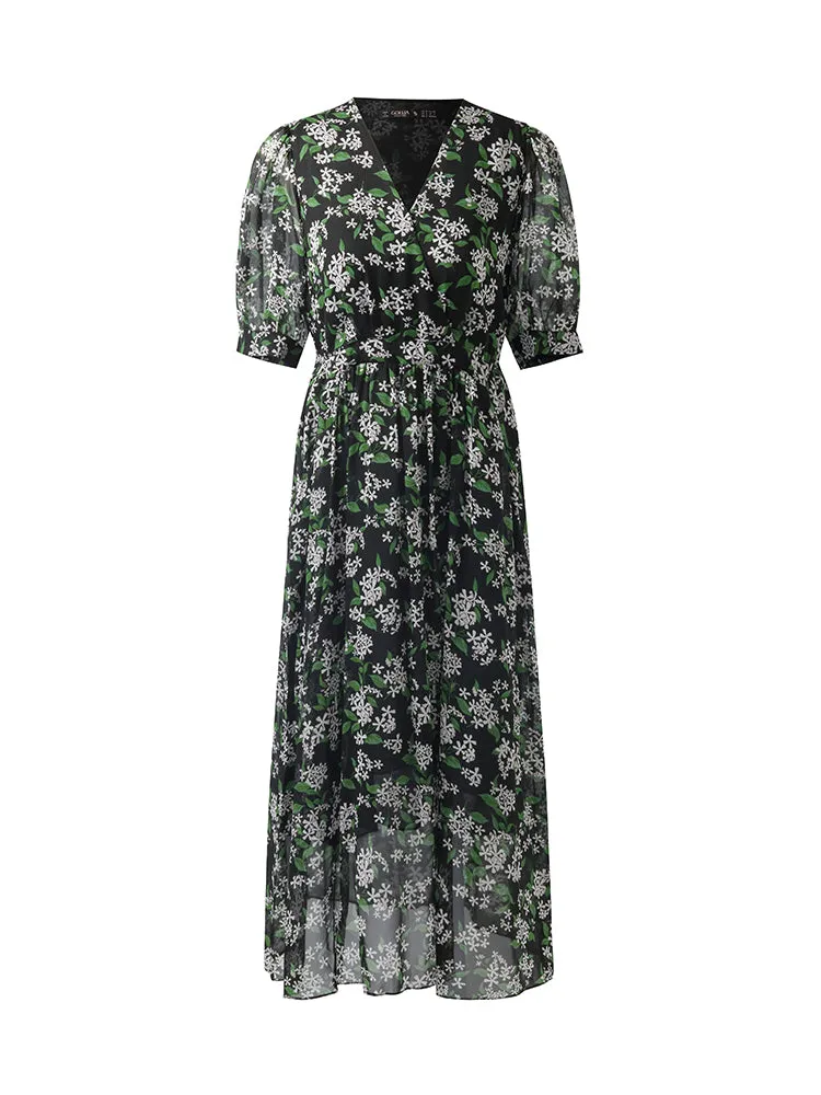 10 Momme Mulberry Silk Floral Printed Women Midi Dress