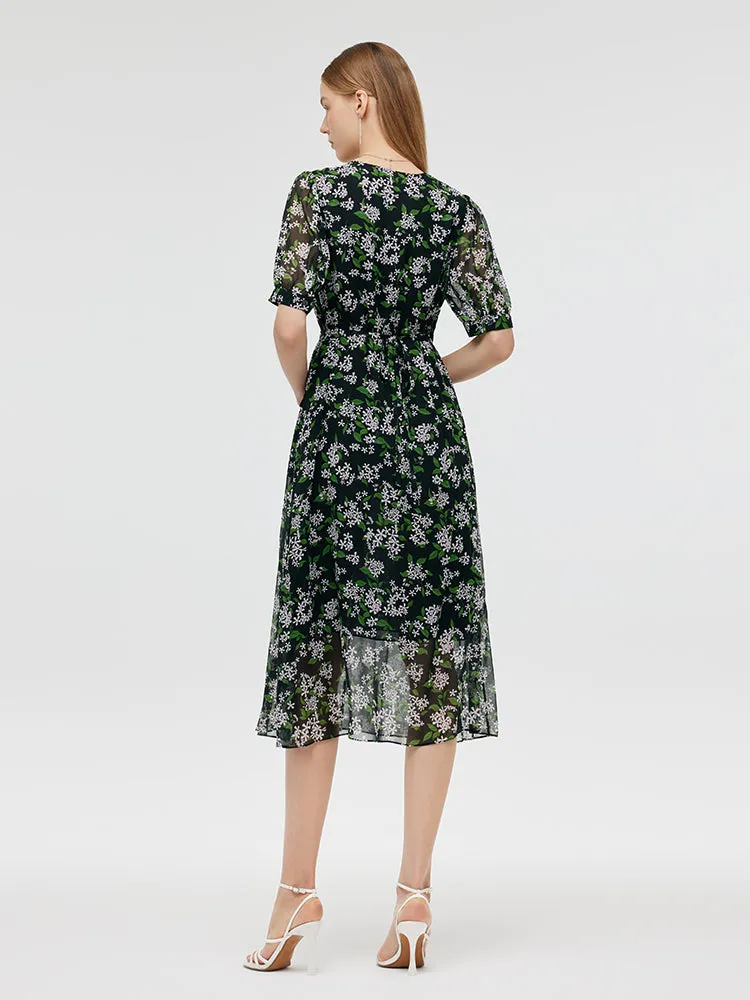 10 Momme Mulberry Silk Floral Printed Women Midi Dress