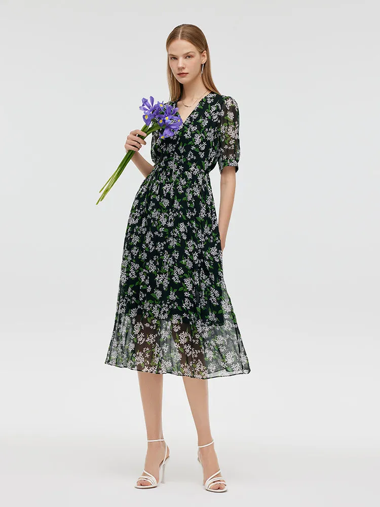 10 Momme Mulberry Silk Floral Printed Women Midi Dress