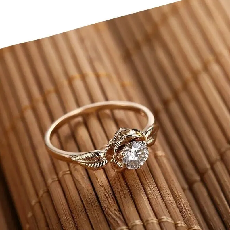 10k Yellow Gold Flower Solitaire Moissanite Ring 0.5ct