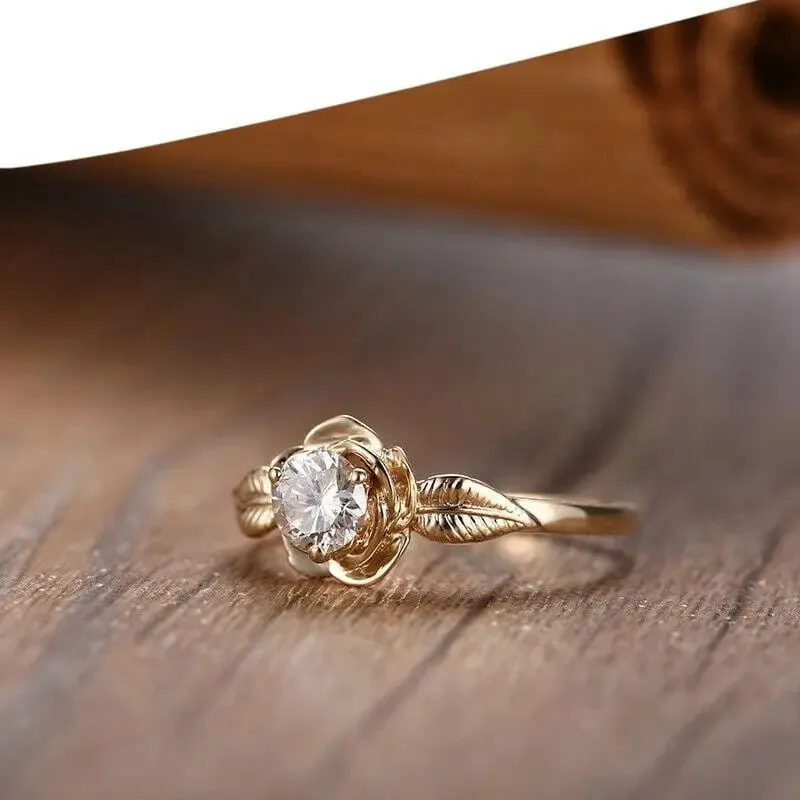 10k Yellow Gold Flower Solitaire Moissanite Ring 0.5ct