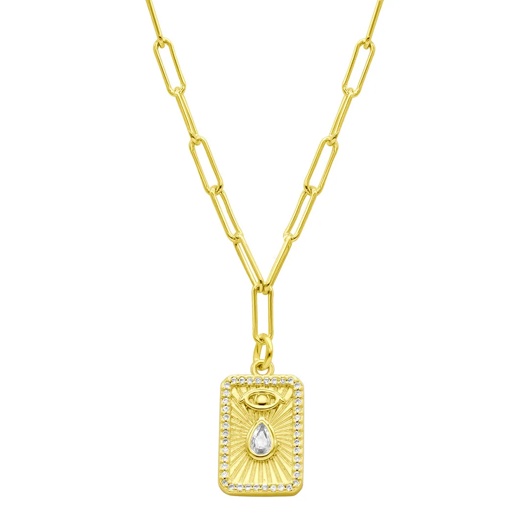 14K Gold Plated Paperclip Evil Eye Tablet Necklace