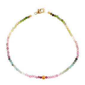 18K Yellow Gold Watermelon Tourmaline Beaded Bracelet