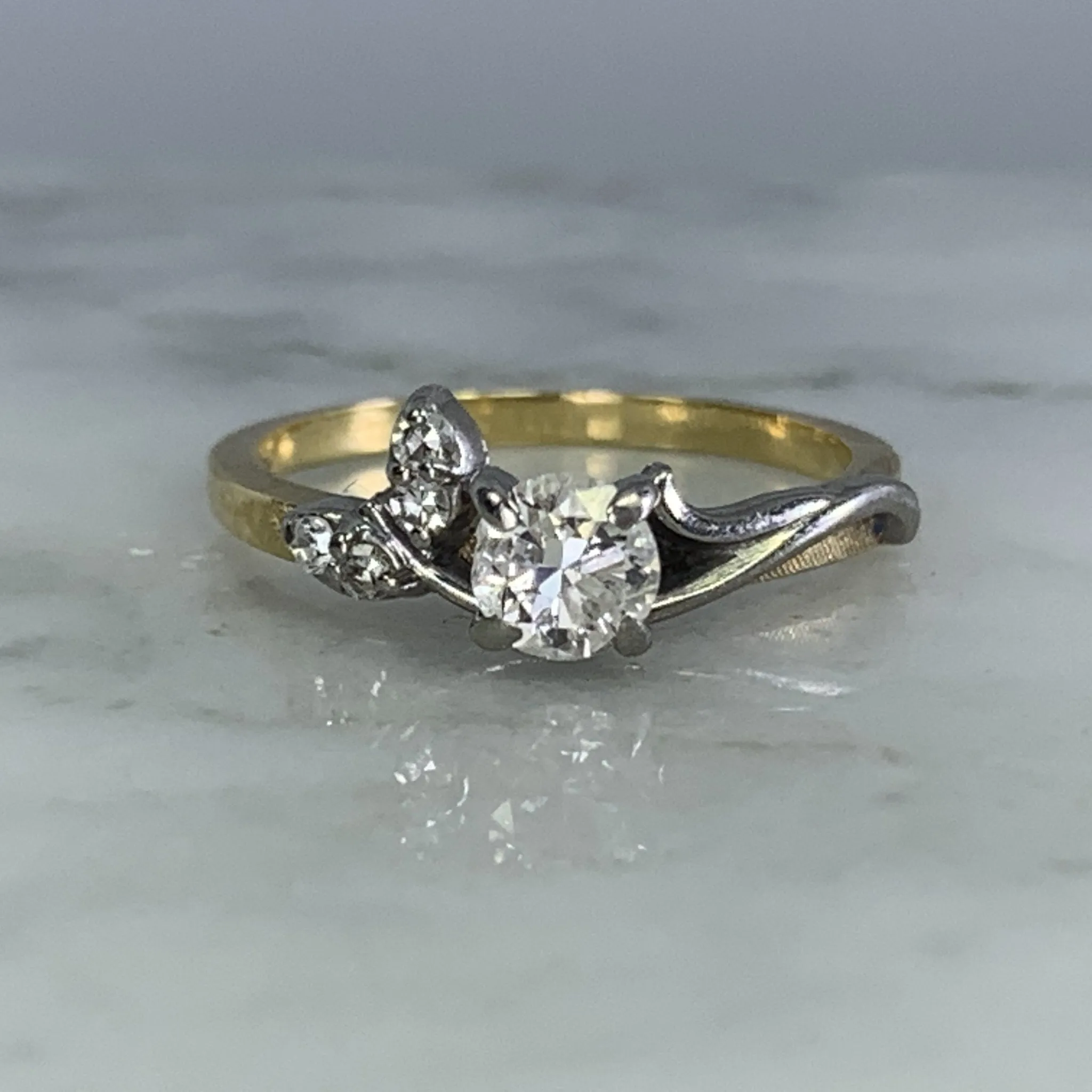 1930s Art Nouveau Diamond Engagement Ring by Jabel in 18K Gold. Unique Estate Jewelry.