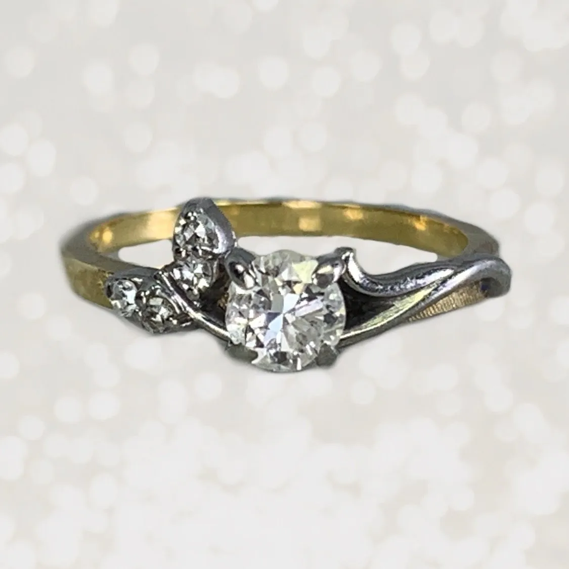 1930s Art Nouveau Diamond Engagement Ring by Jabel in 18K Gold. Unique Estate Jewelry.