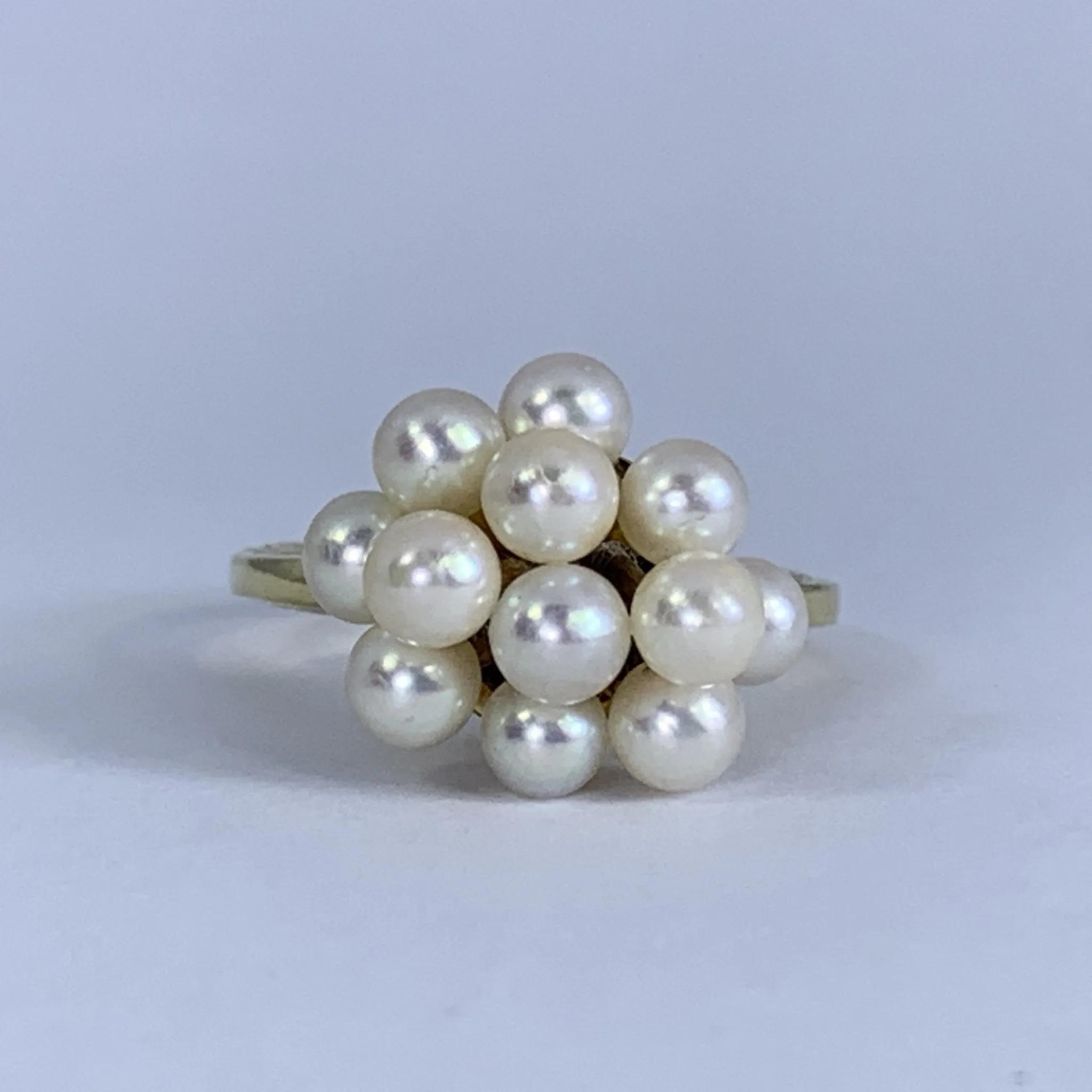 1950s Pearl Cluster Ring set in 14k Yellow Gold. Estate Fine Jewelry. June Birthstone. 4th Anniversary Gift.