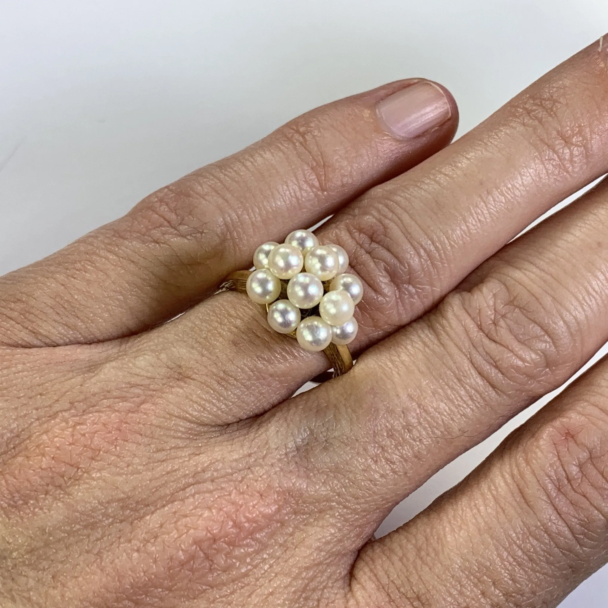 1950s Pearl Cluster Ring set in 14k Yellow Gold. Estate Fine Jewelry. June Birthstone. 4th Anniversary Gift.