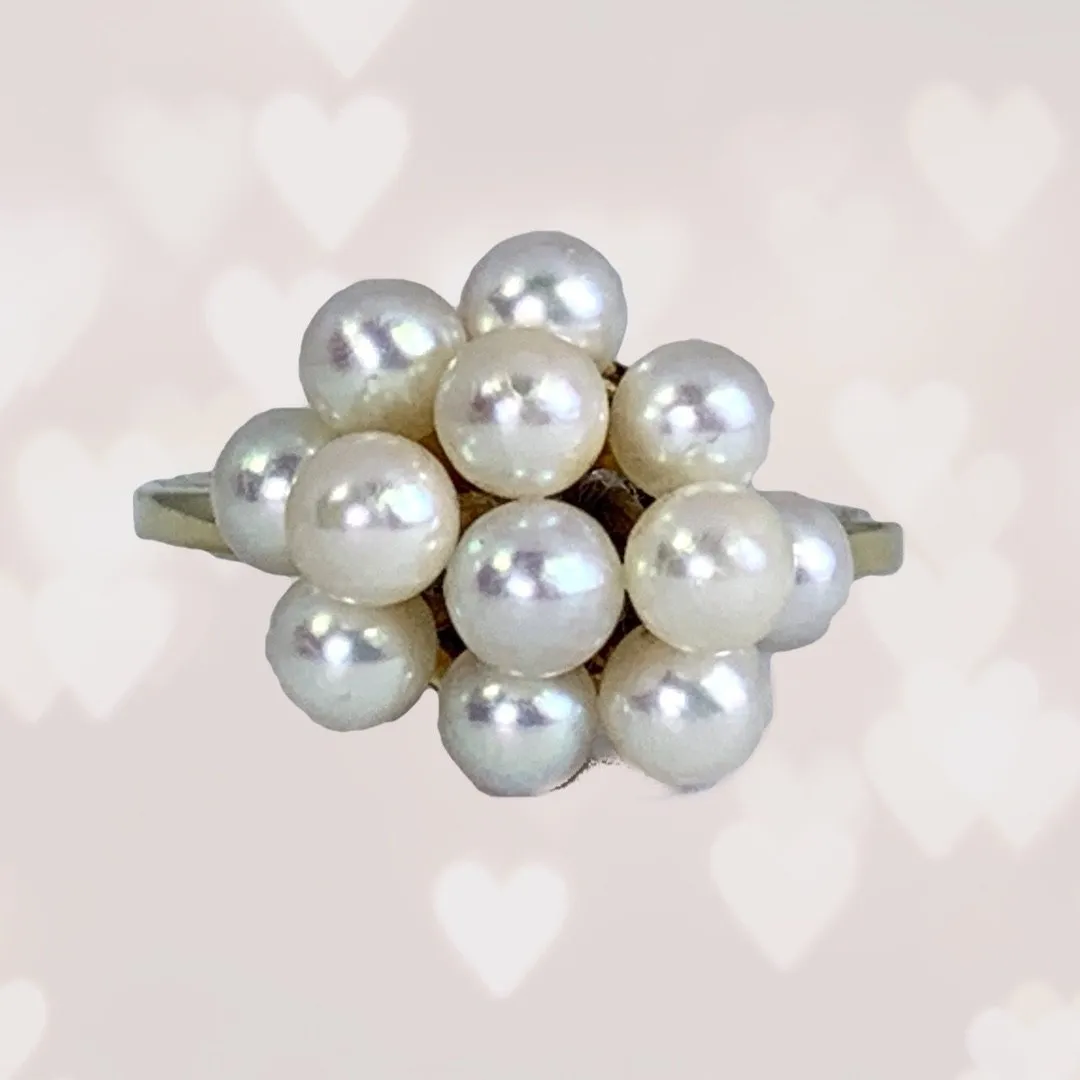 1950s Pearl Cluster Ring set in 14k Yellow Gold. Estate Fine Jewelry. June Birthstone. 4th Anniversary Gift.