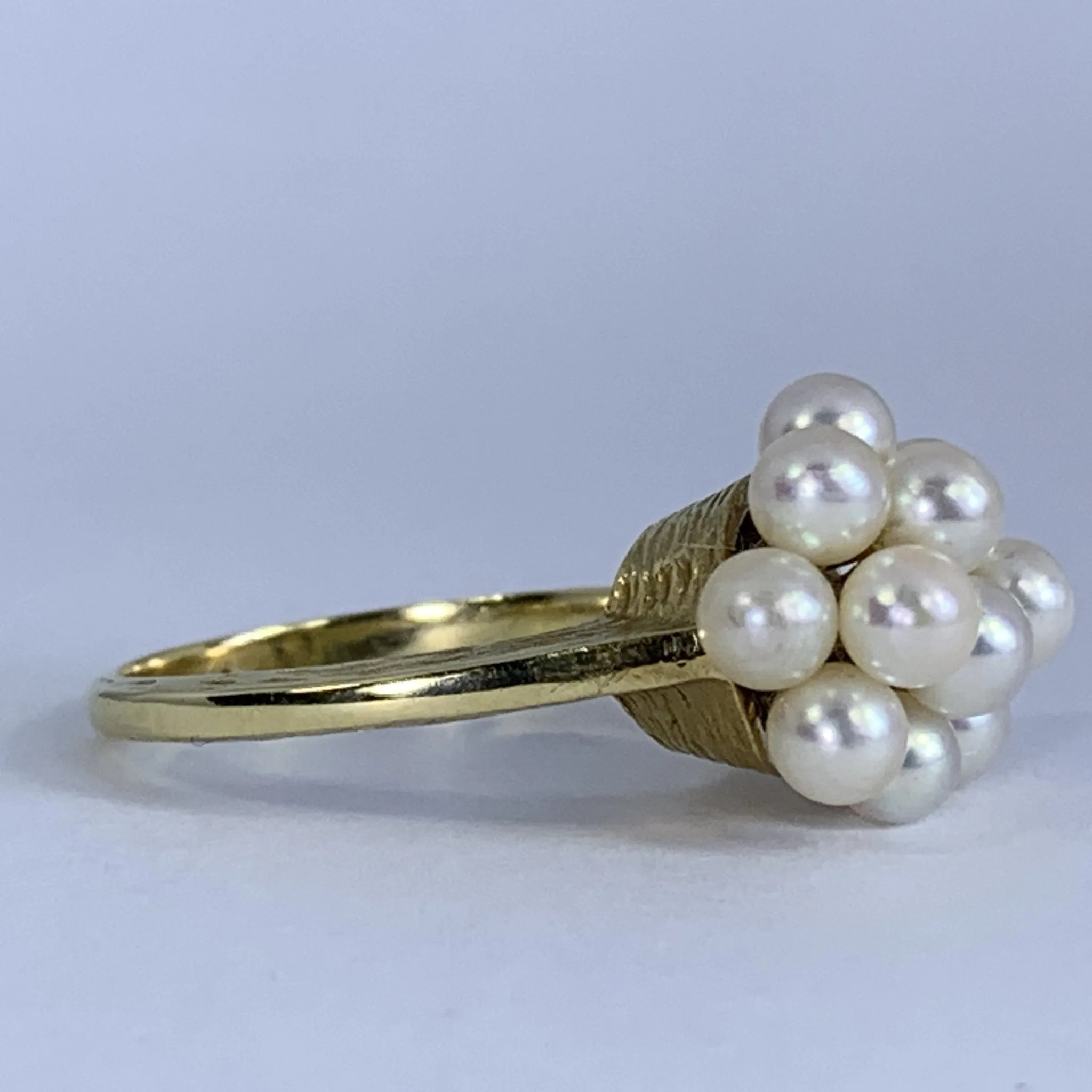 1950s Pearl Cluster Ring set in 14k Yellow Gold. Estate Fine Jewelry. June Birthstone. 4th Anniversary Gift.