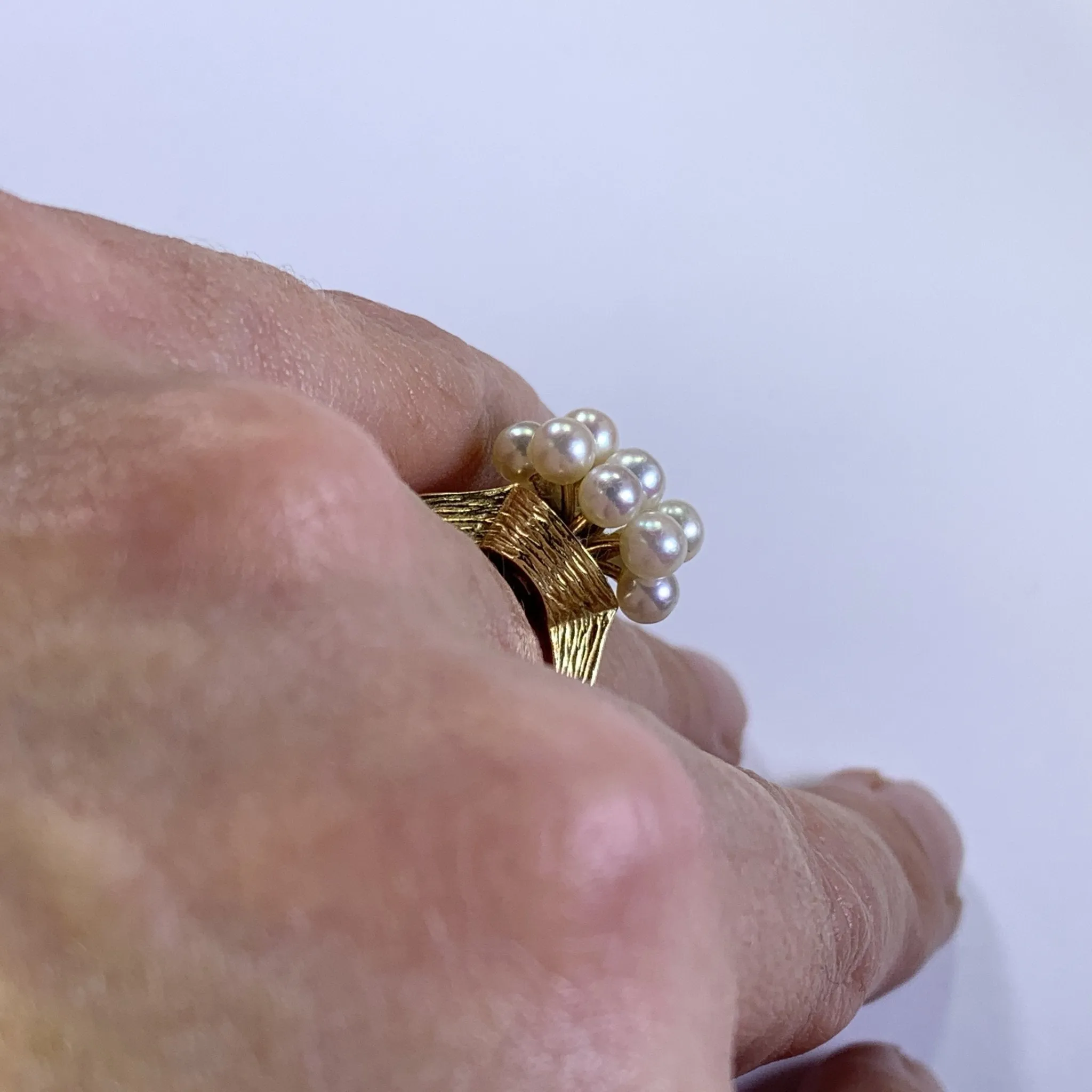 1950s Pearl Cluster Ring set in 14k Yellow Gold. Estate Fine Jewelry. June Birthstone. 4th Anniversary Gift.