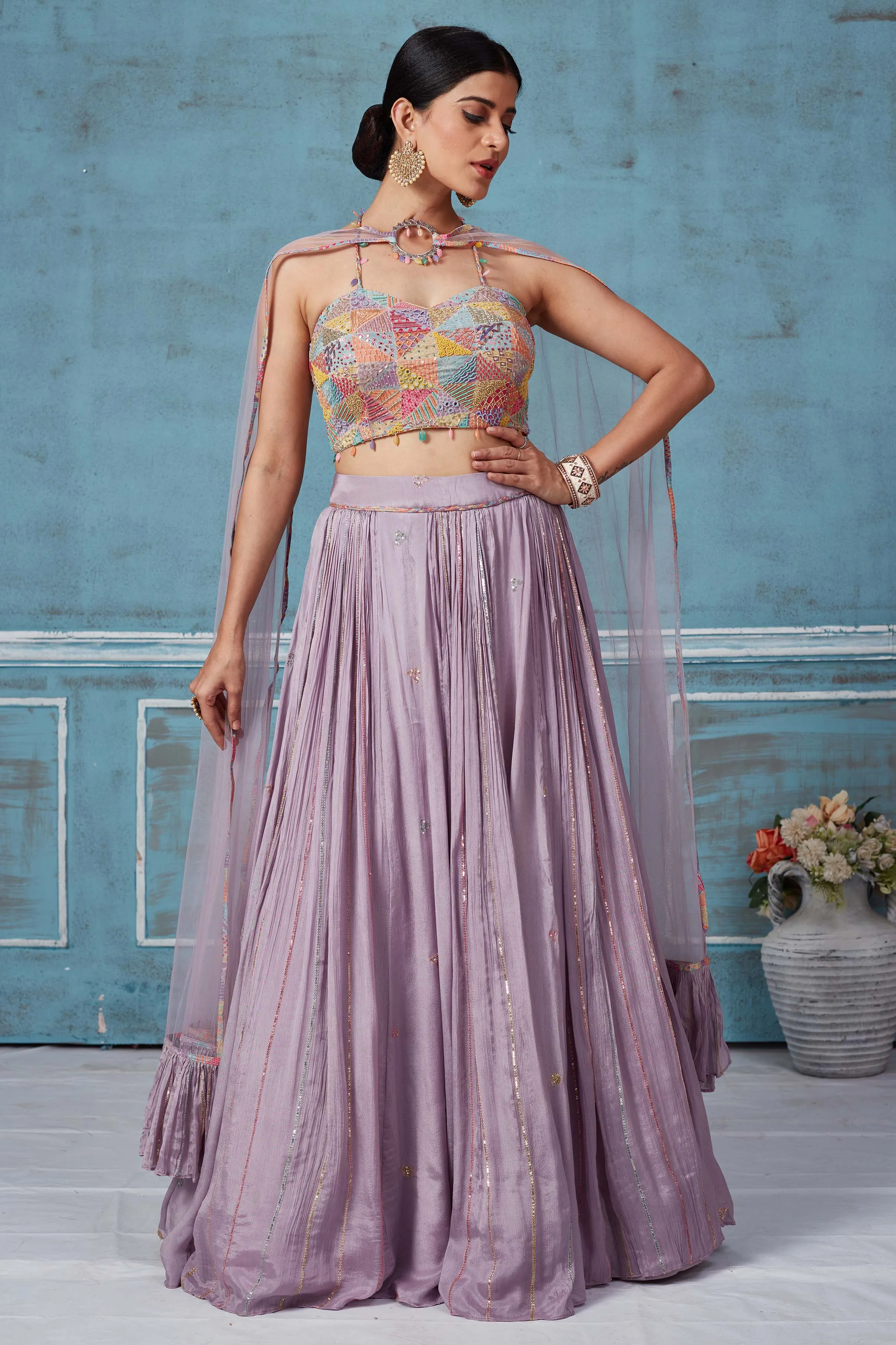 52A156 Lilac Georgette Lehenga With Multicolor Embroidered Blouse