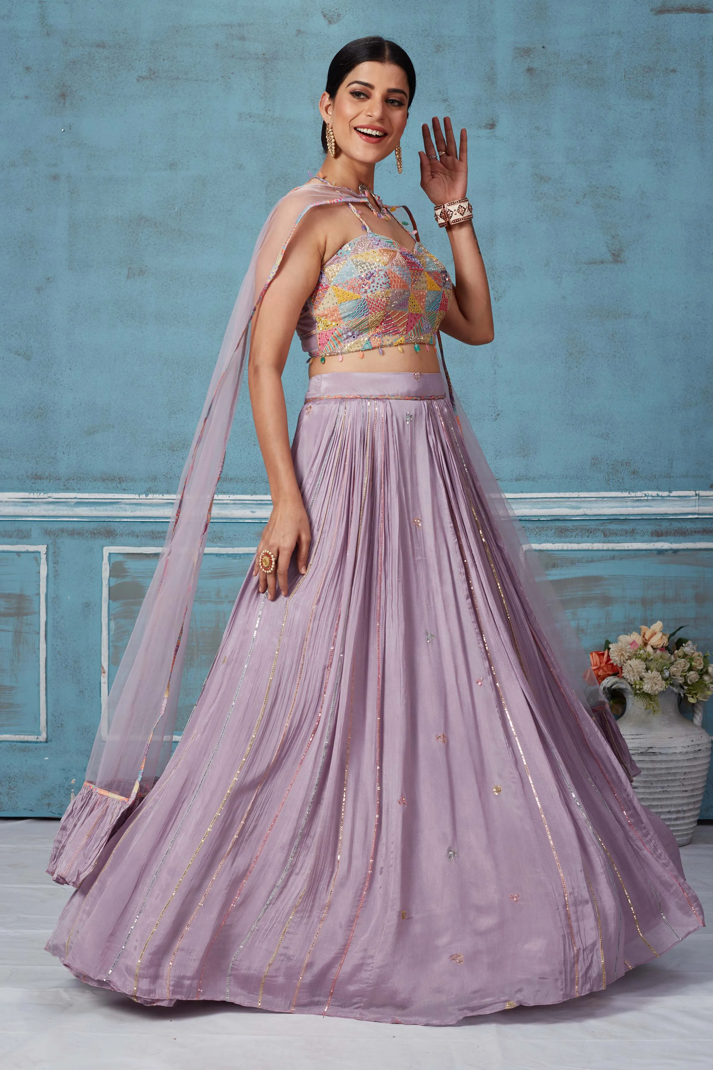 52A156 Lilac Georgette Lehenga With Multicolor Embroidered Blouse