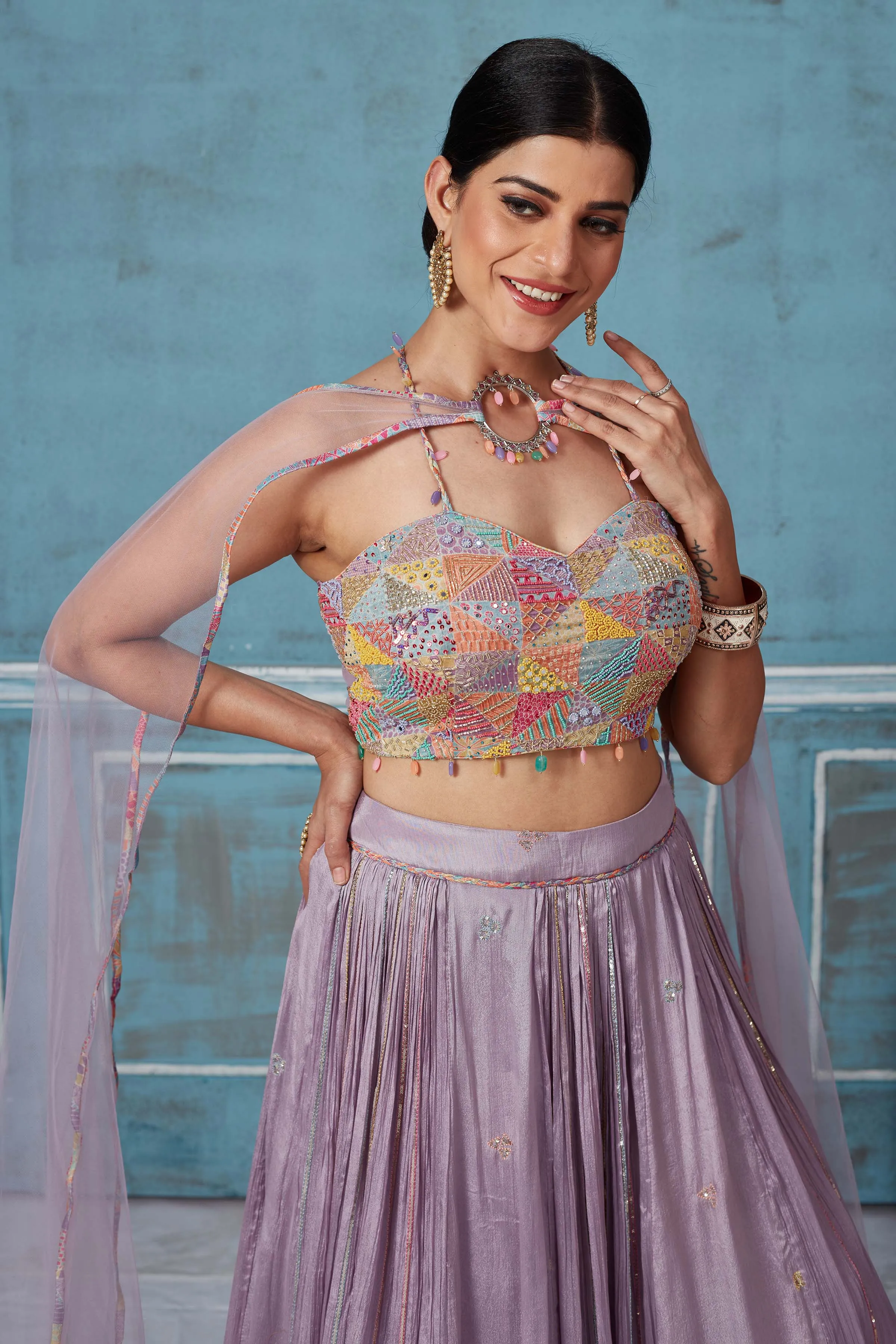 52A156 Lilac Georgette Lehenga With Multicolor Embroidered Blouse