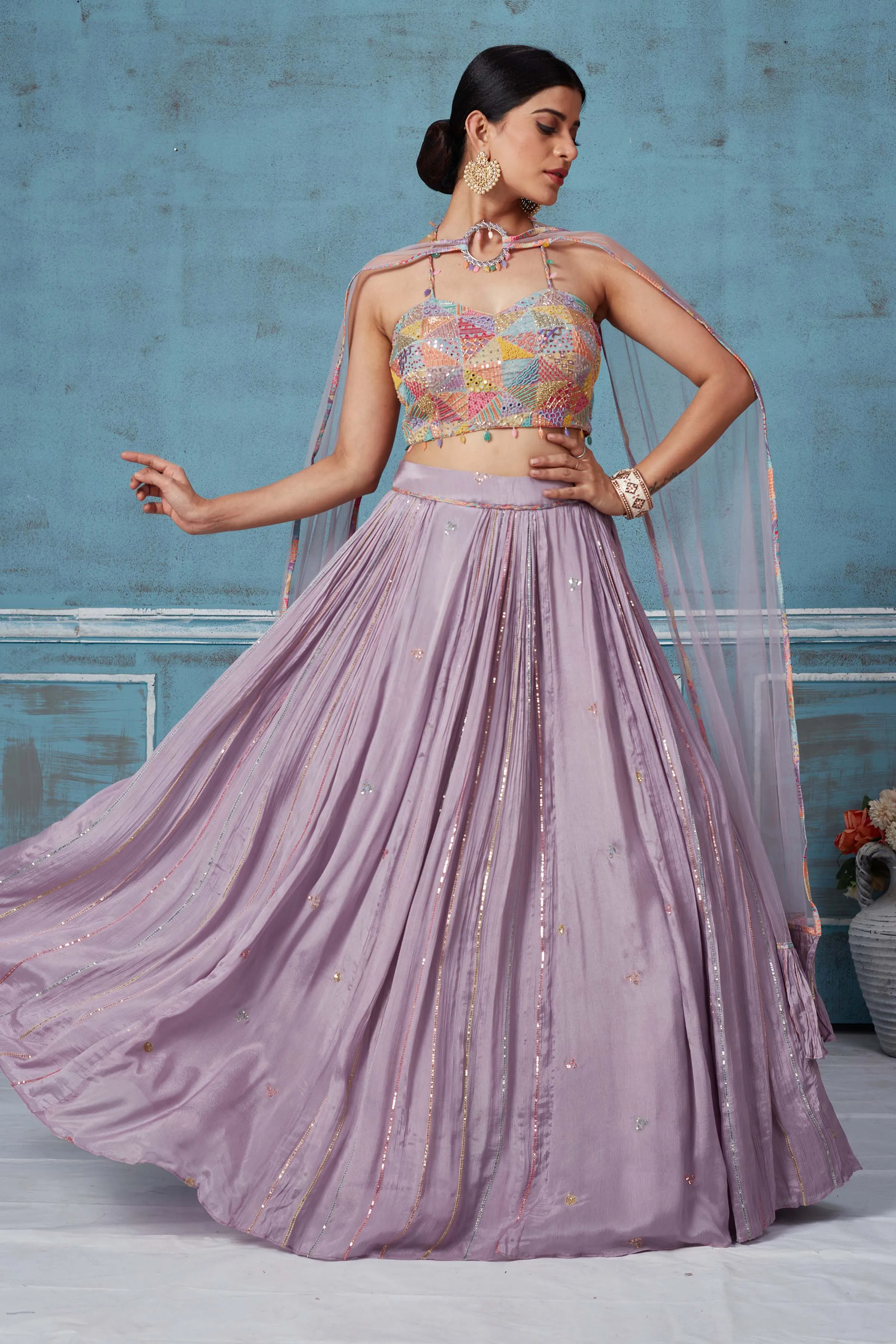 52A156 Lilac Georgette Lehenga With Multicolor Embroidered Blouse