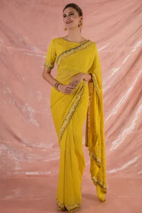 90Z005-RO Yellow Embroidered Georgette Saree with Blouse