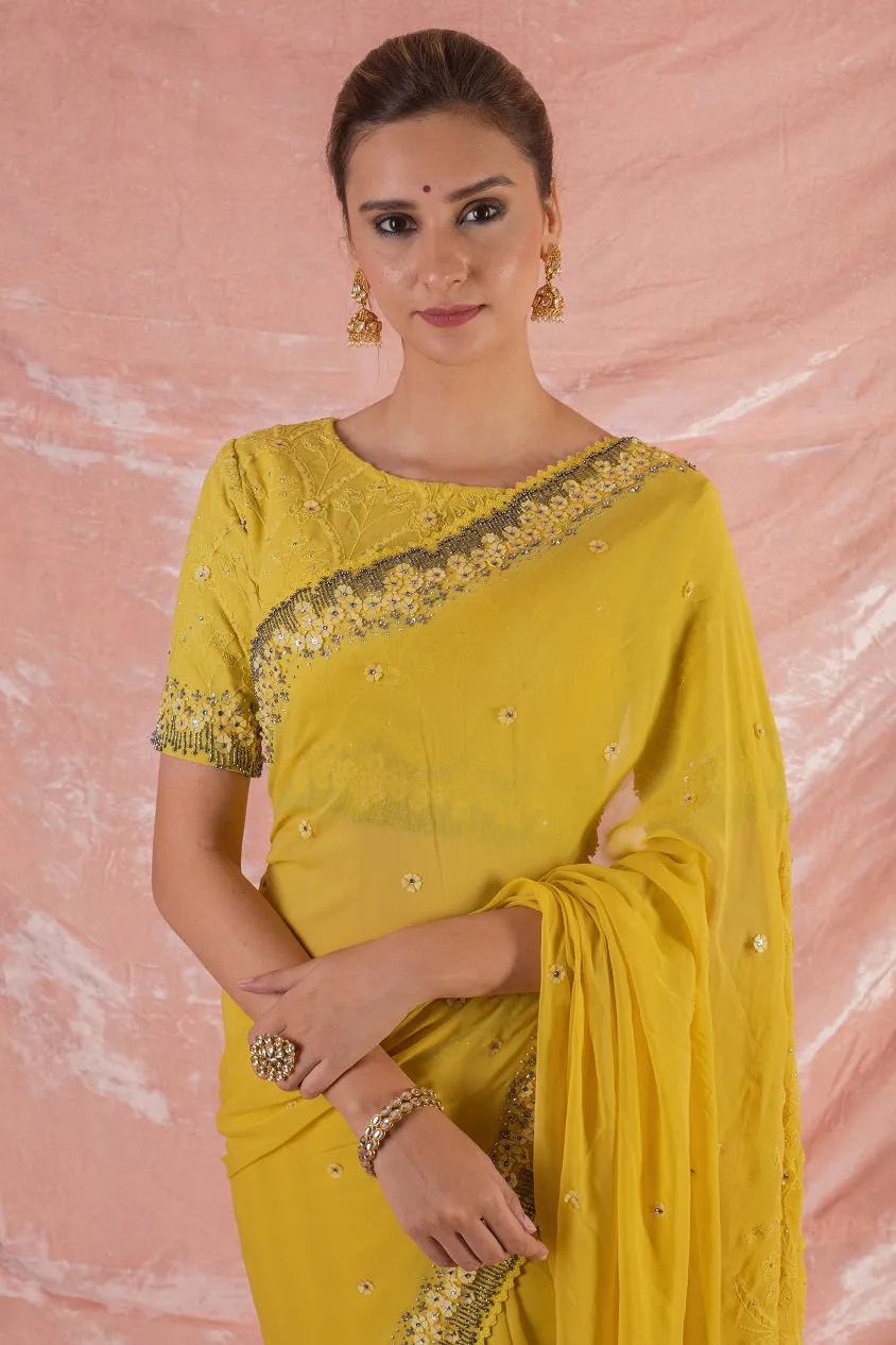 90Z005-RO Yellow Embroidered Georgette Saree with Blouse