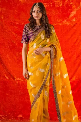 90Z028-RO Bright Yellow Embroidered Organza Saree With Blouse