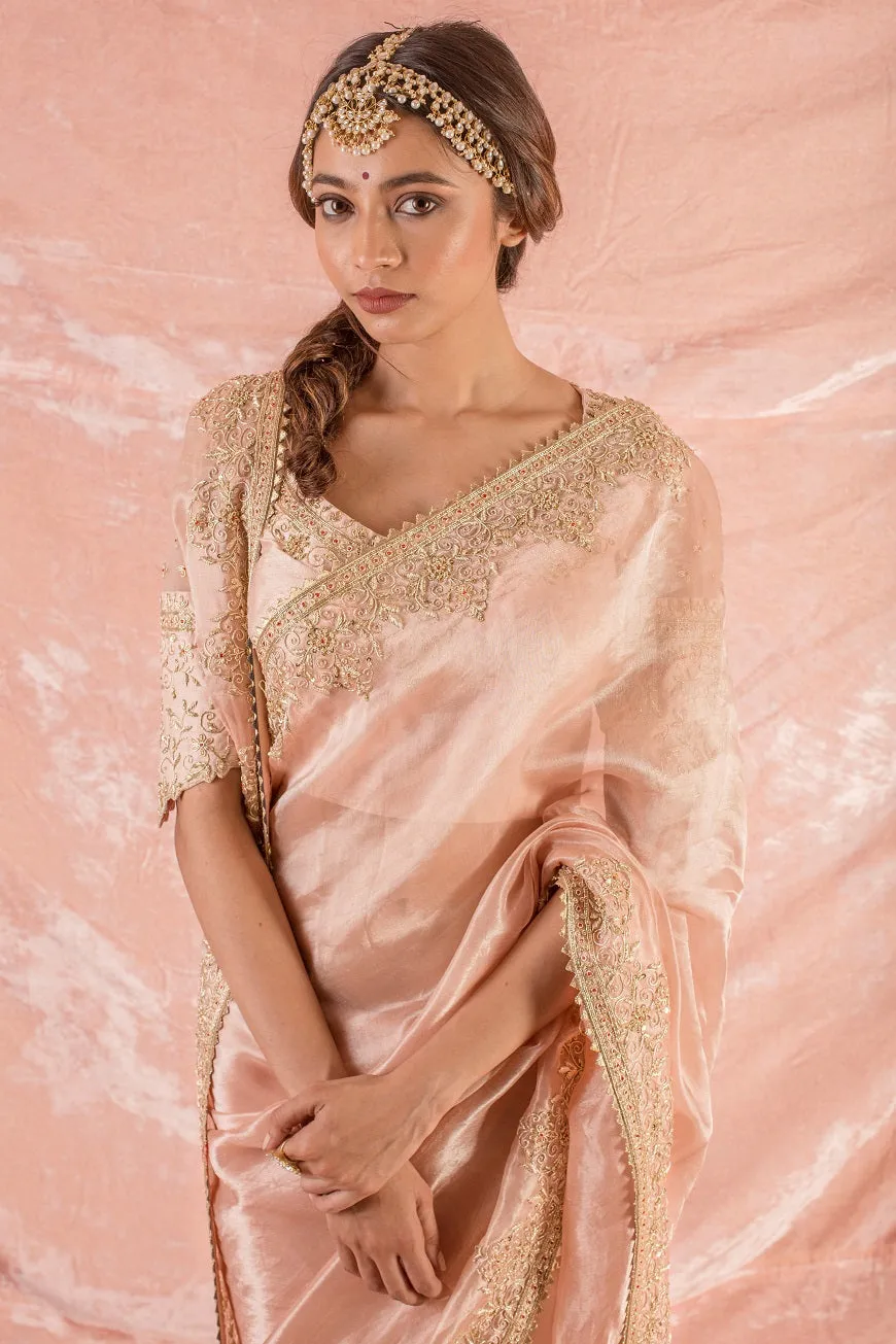 90Z038-RO Pastel Pink Embroidered Tissue Saree with Blouse