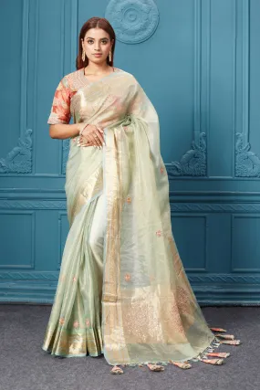 91A026 Pista Green Tissue Kora Silk Sari with Embroidered Blouse