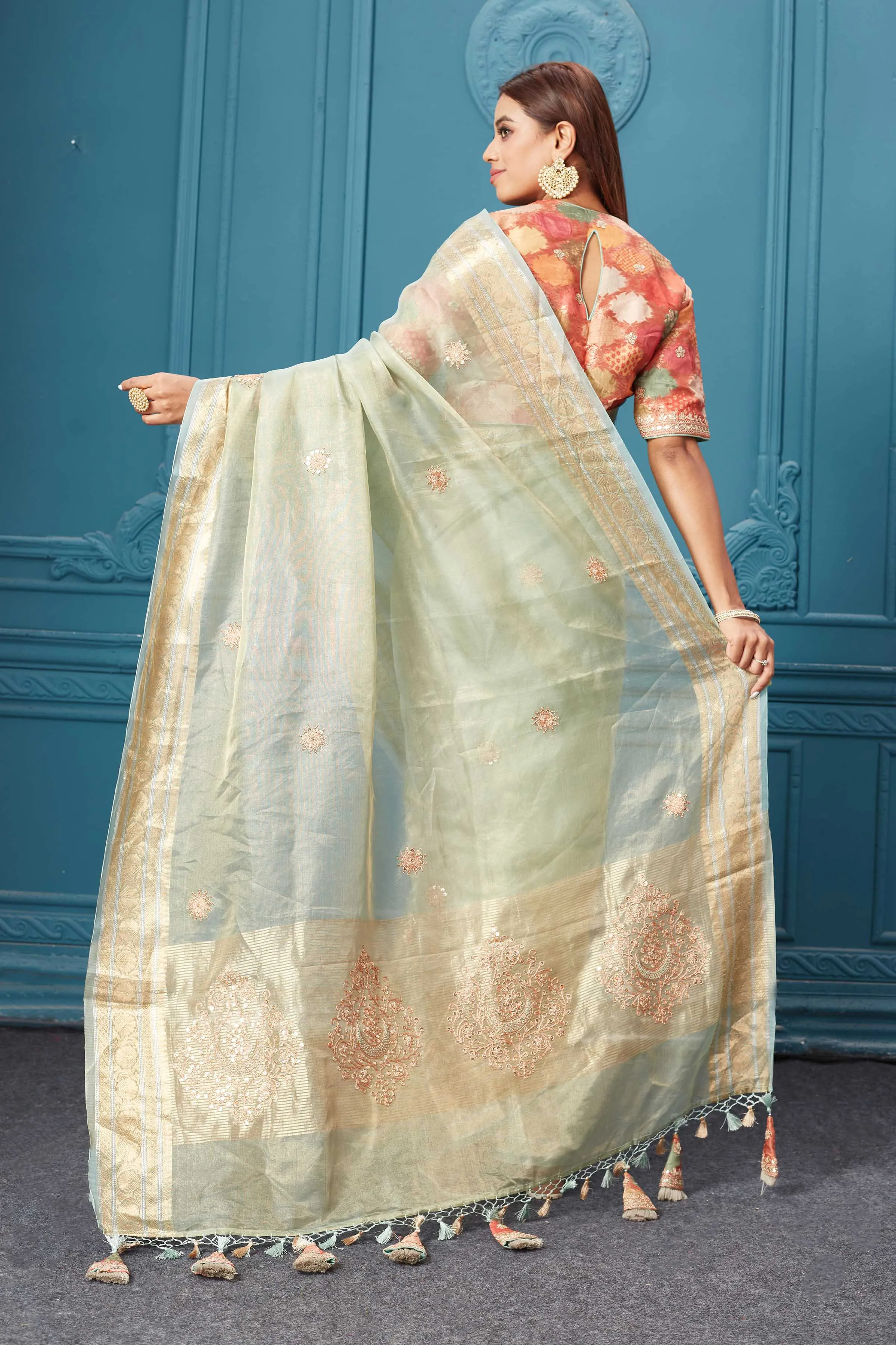 91A026 Pista Green Tissue Kora Silk Sari with Embroidered Blouse