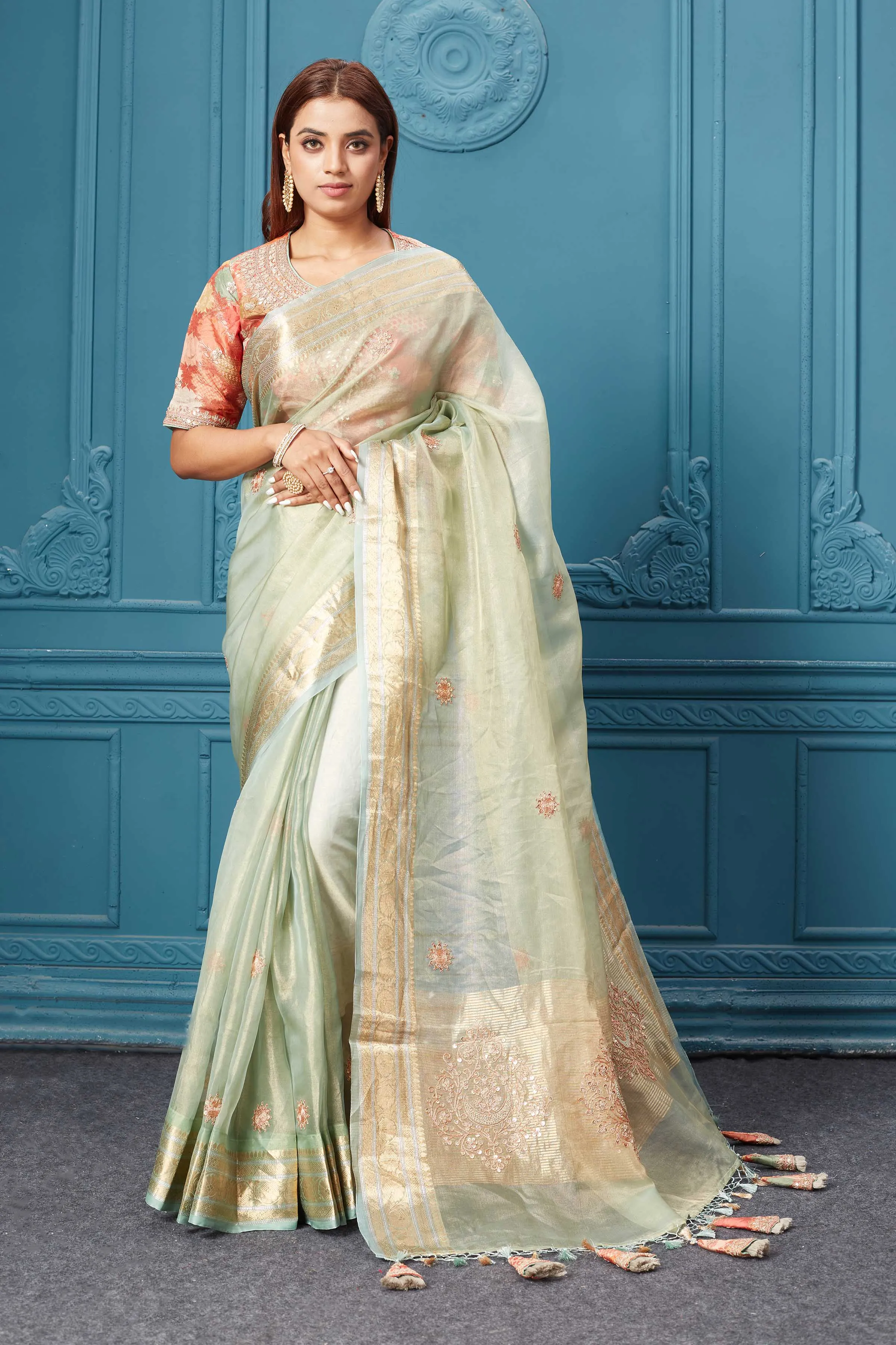 91A026 Pista Green Tissue Kora Silk Sari with Embroidered Blouse