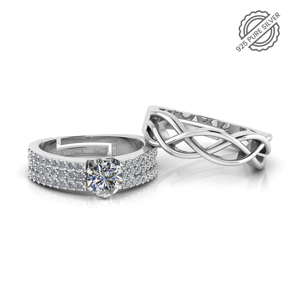 925 Pure Starling Silver Triple Lair Solitaire and Celtic Knot Couple's Ring