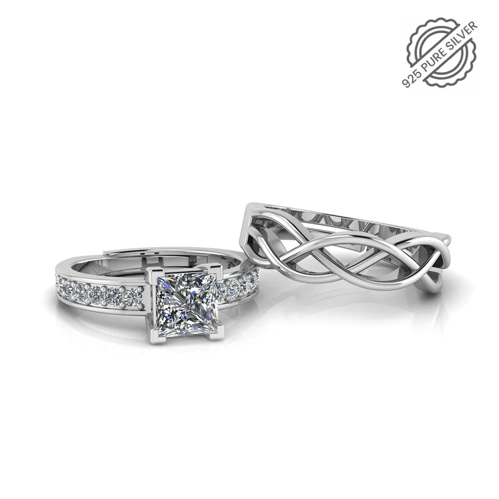 925 Pure Sterling Silver Princess Diamond Cut and Celtic Knot Couple's Ring