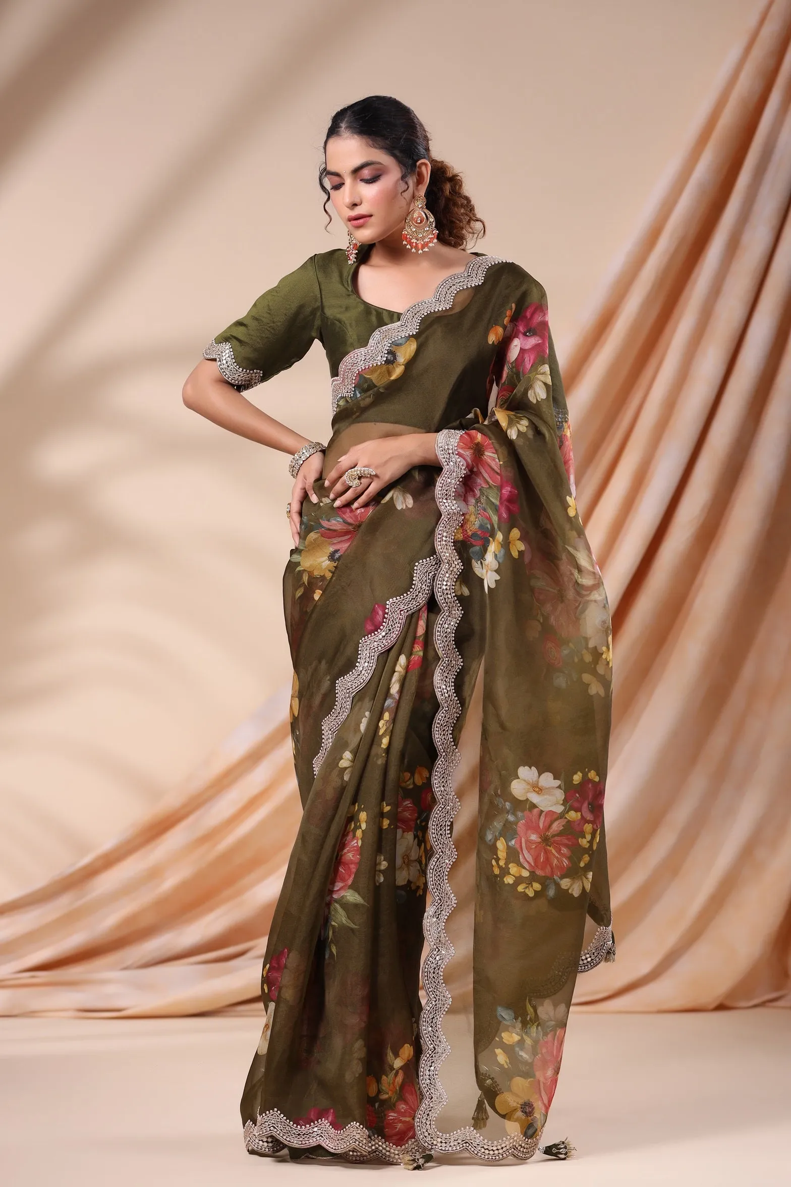 92A082 Olive Green Floral Organza Saree with Embroidered Scalloped Border