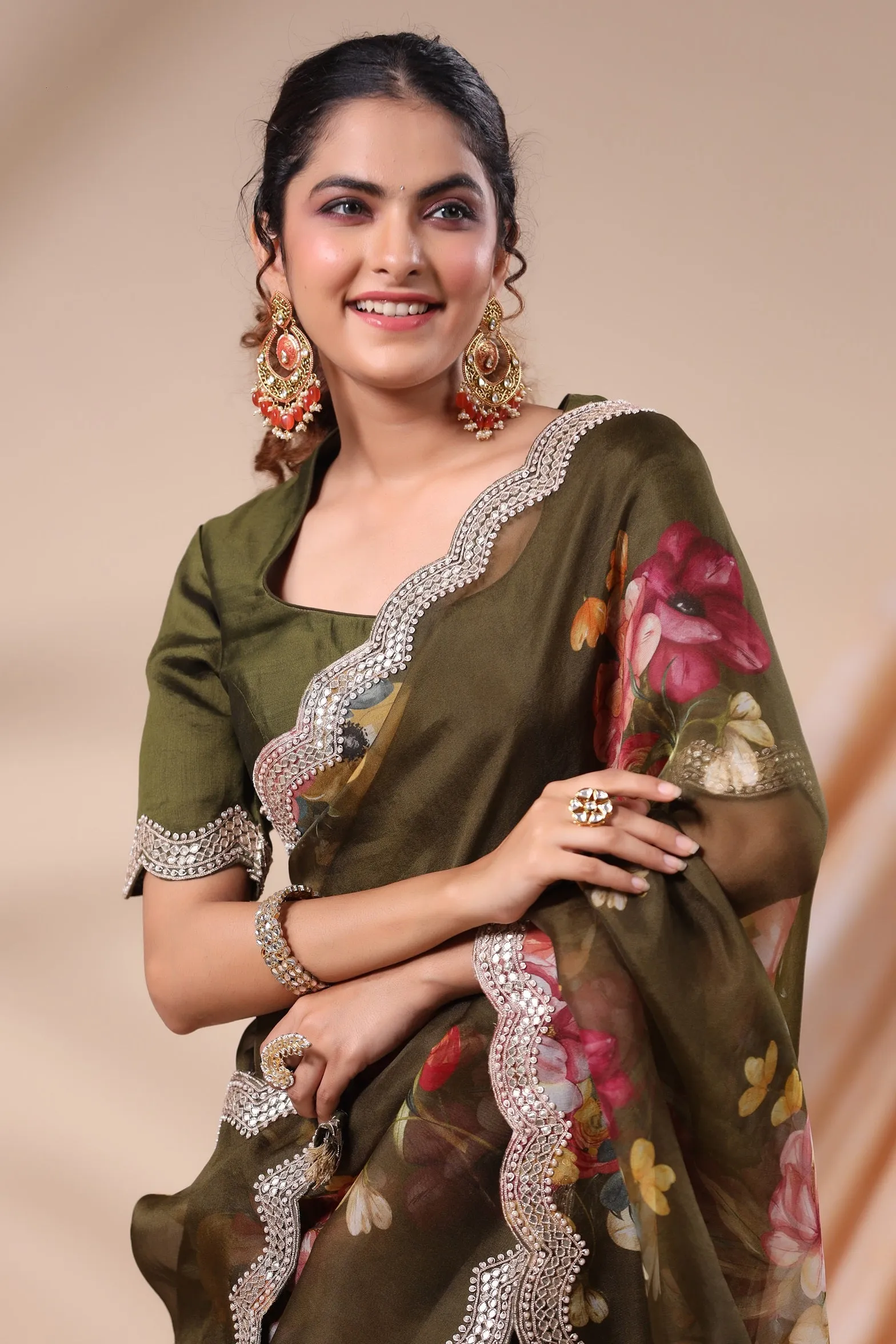 92A082 Olive Green Floral Organza Saree with Embroidered Scalloped Border