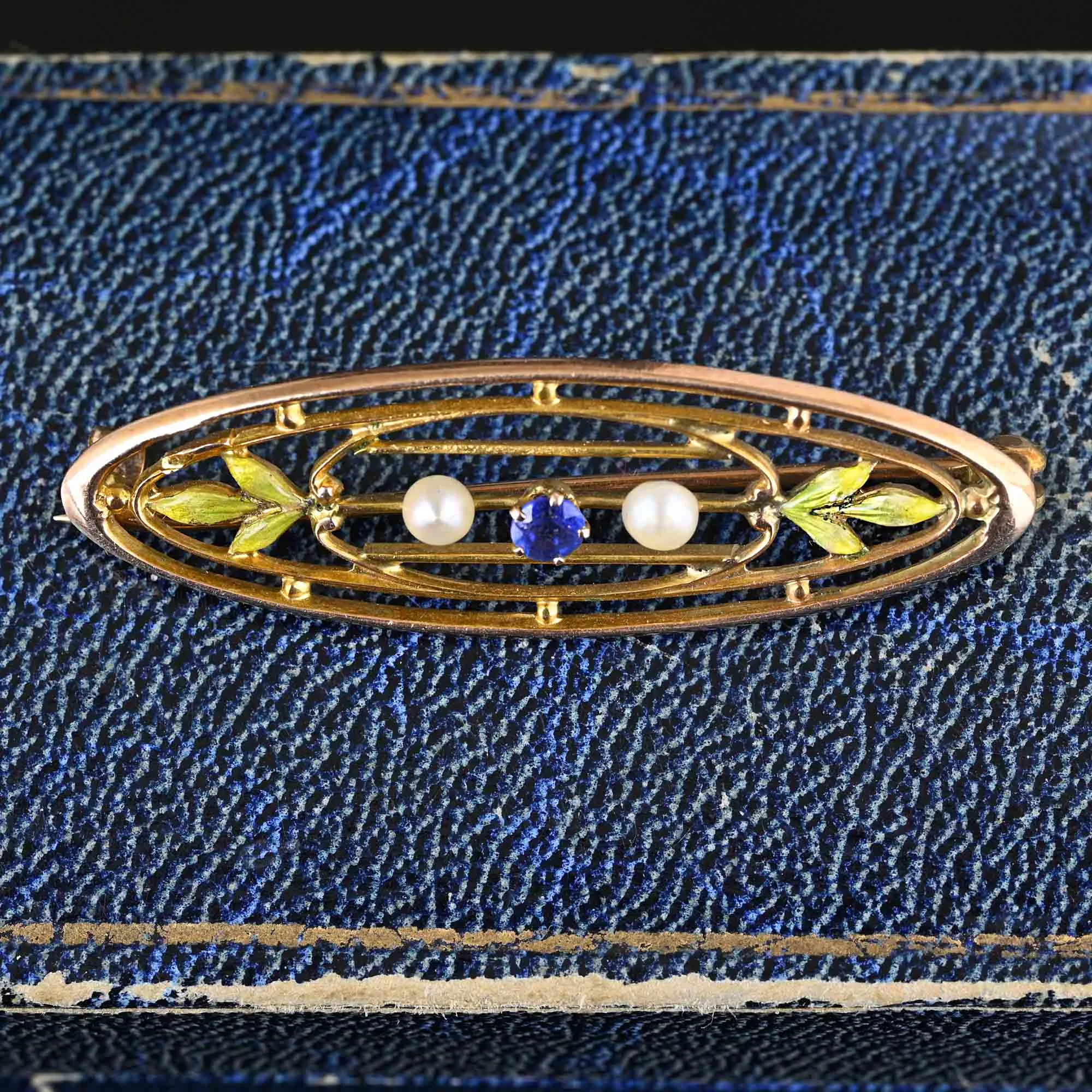 Antique Gold Krementz Enamel Leaf Pearl Sapphire Brooch