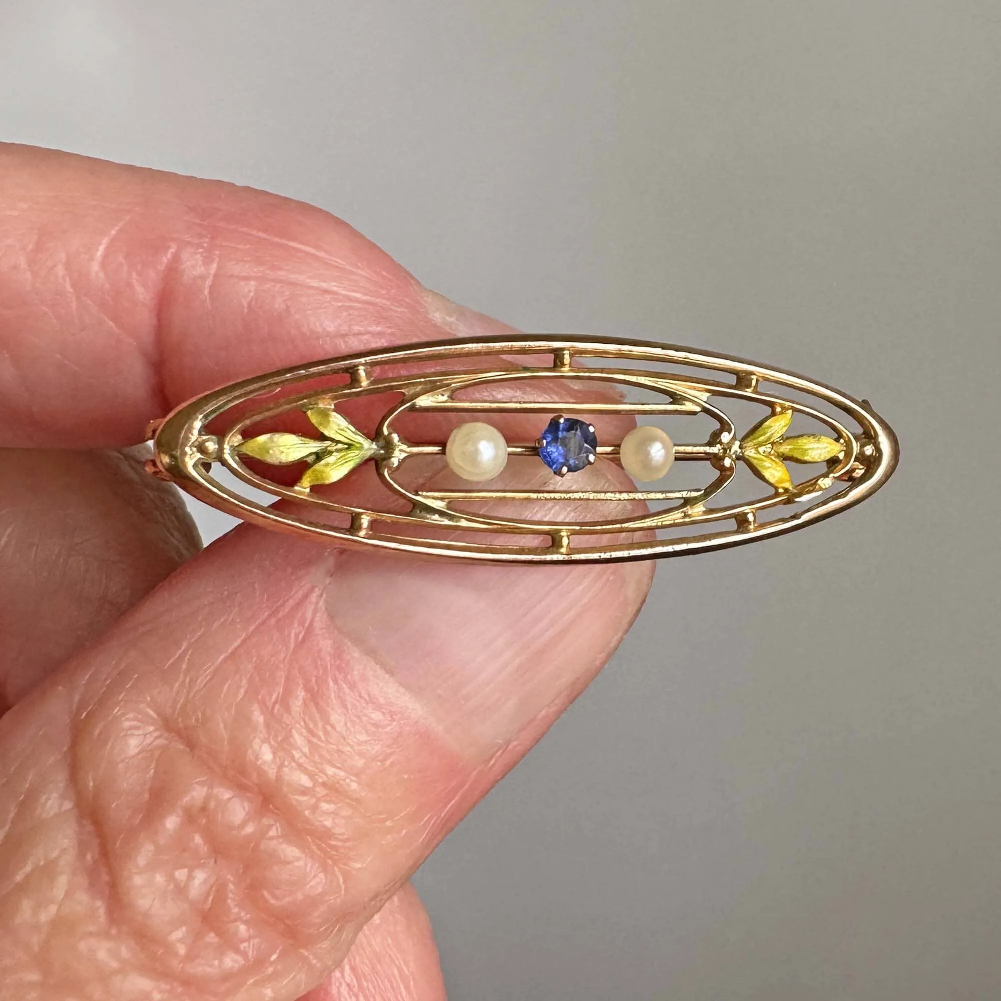 Antique Gold Krementz Enamel Leaf Pearl Sapphire Brooch