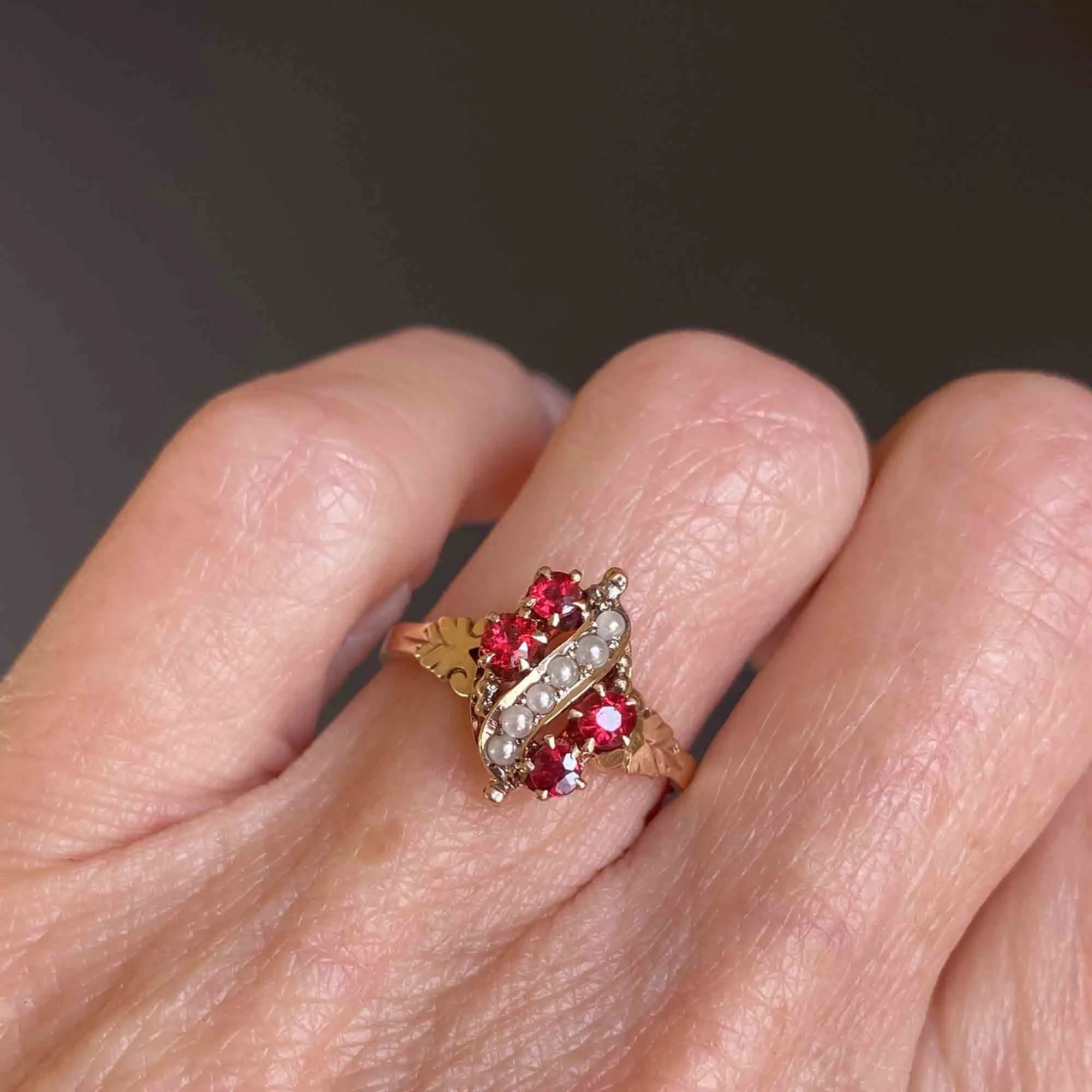 Antique Victorian Pearl and Ruby Ring in Gold, Sz 6.75