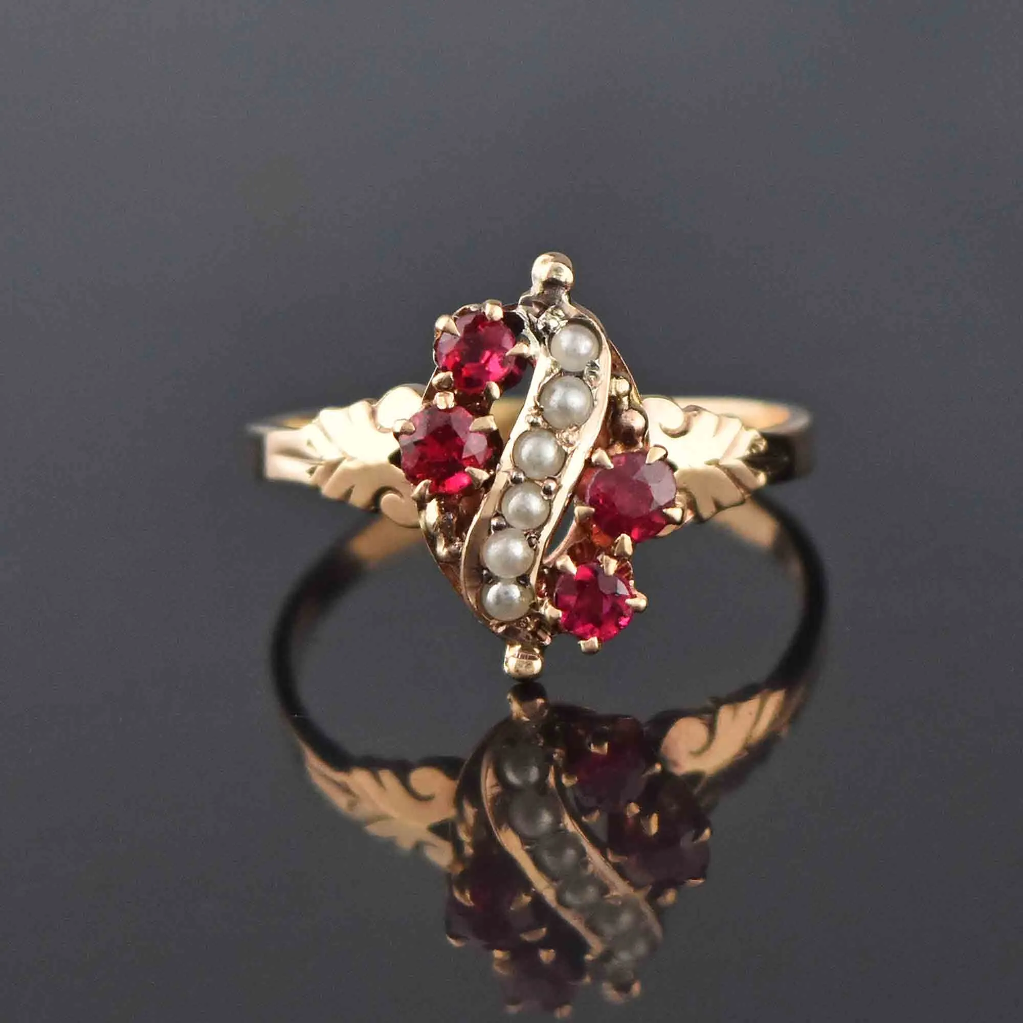 Antique Victorian Pearl and Ruby Ring in Gold, Sz 6.75