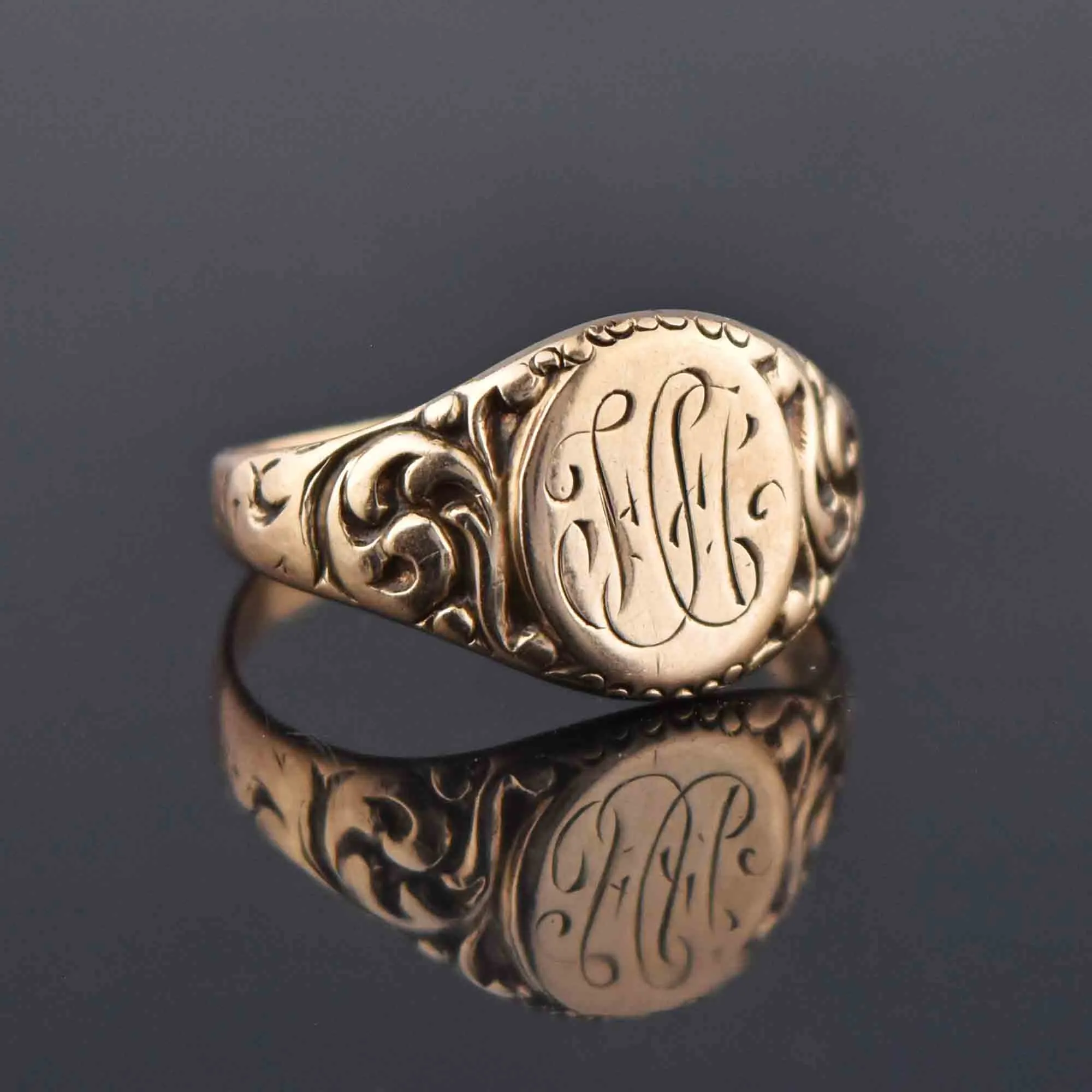 Art Nouveau Engraved Gold Signet Ring, Sz 9