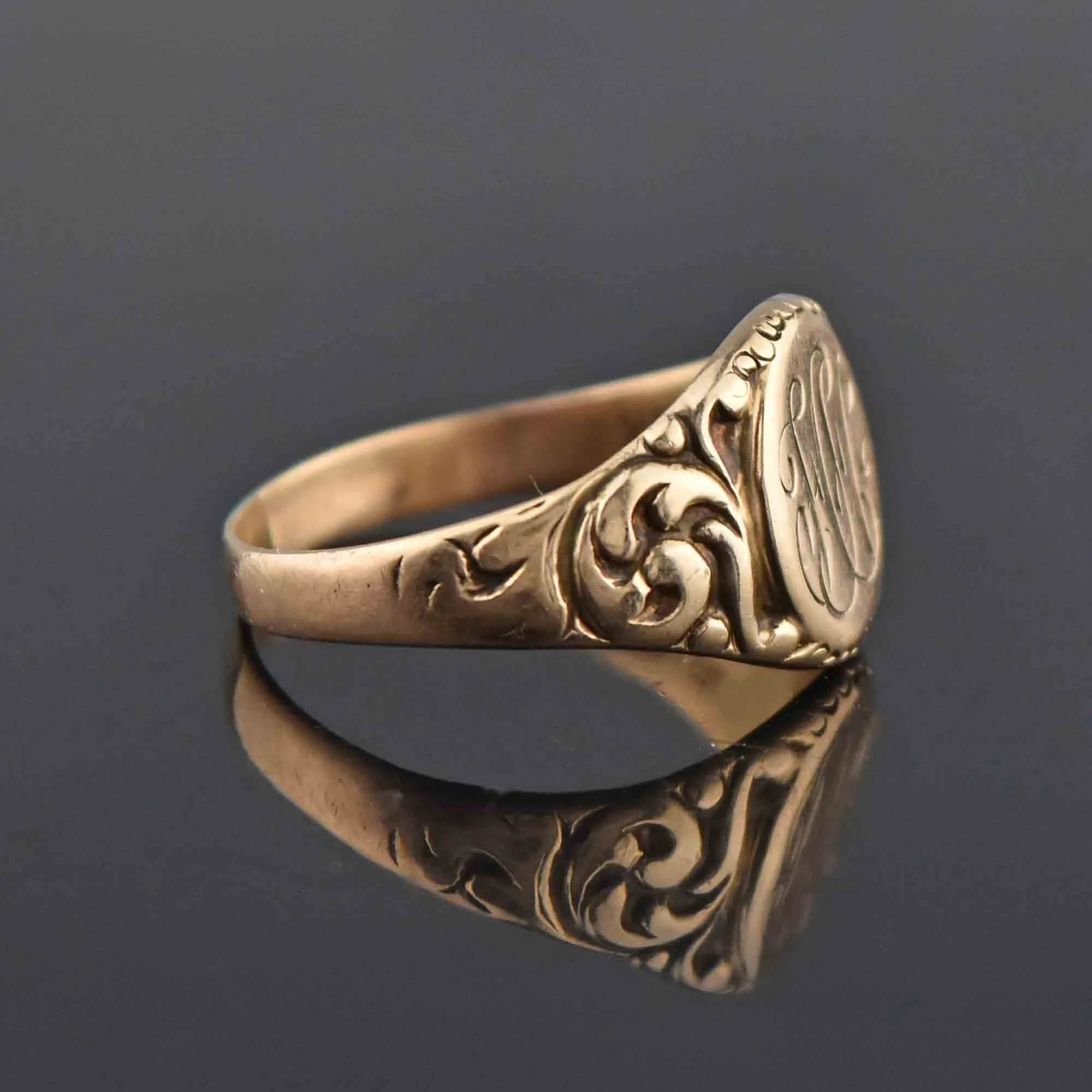 Art Nouveau Engraved Gold Signet Ring, Sz 9