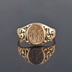 Art Nouveau Engraved Gold Signet Ring, Sz 9