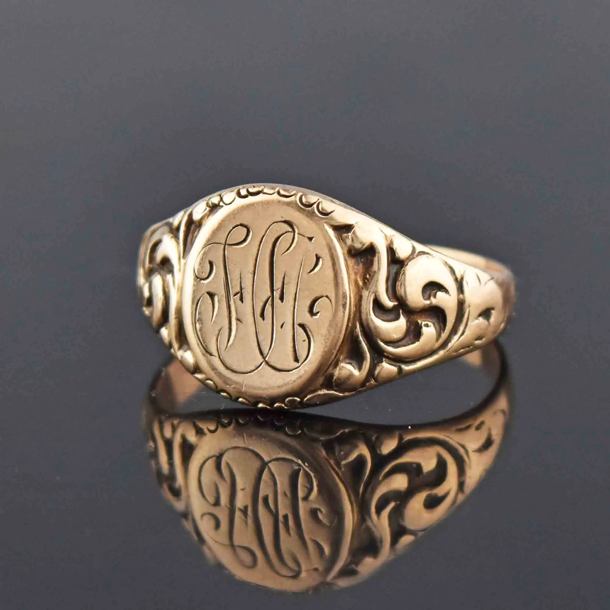 Art Nouveau Engraved Gold Signet Ring, Sz 9