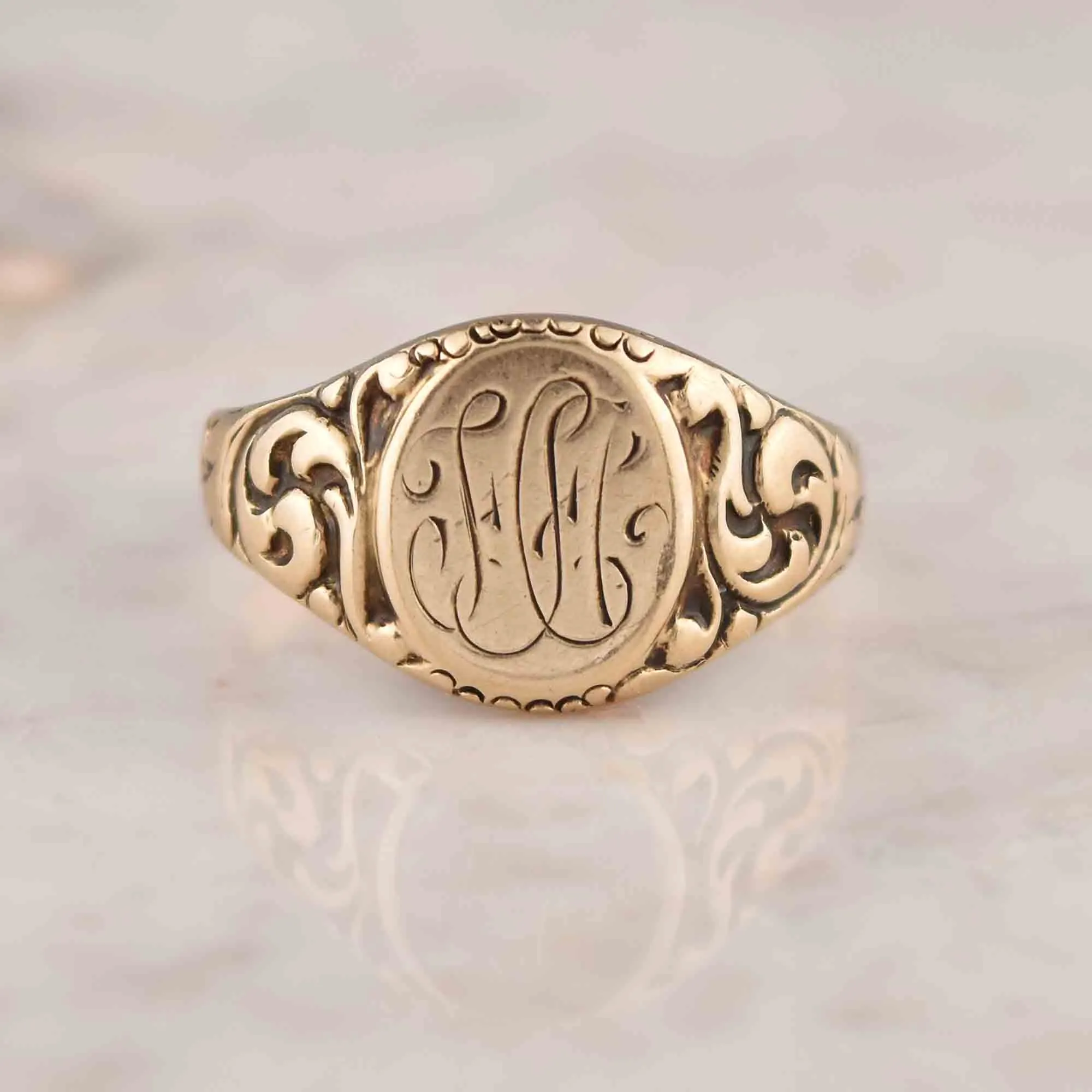 Art Nouveau Engraved Gold Signet Ring, Sz 9