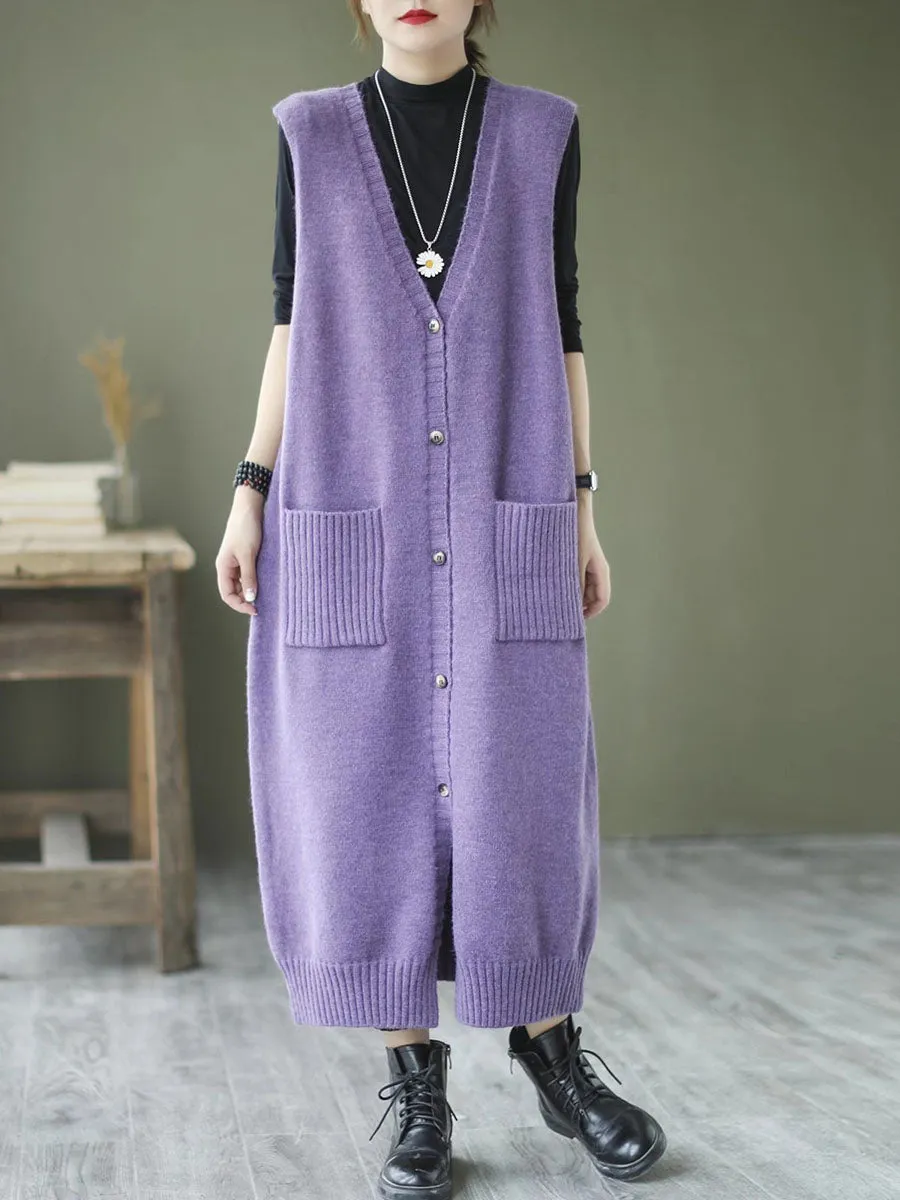 Artsy Solid Knitted Long Vest Sleeveless Sweater