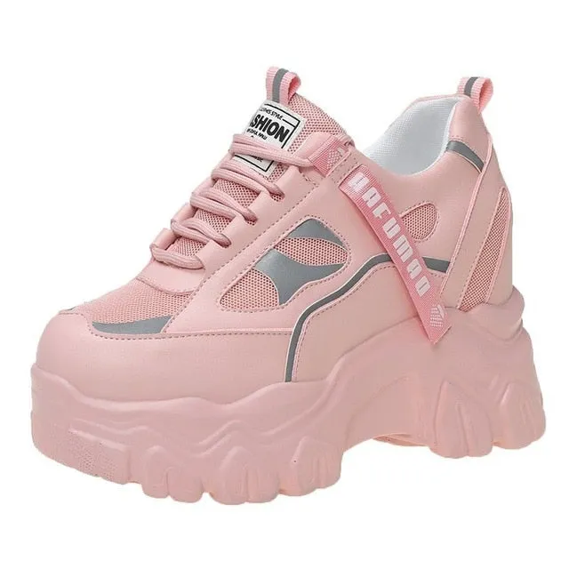 AshoreShop Womens High Platform Sports Pink Mesh Sneakers