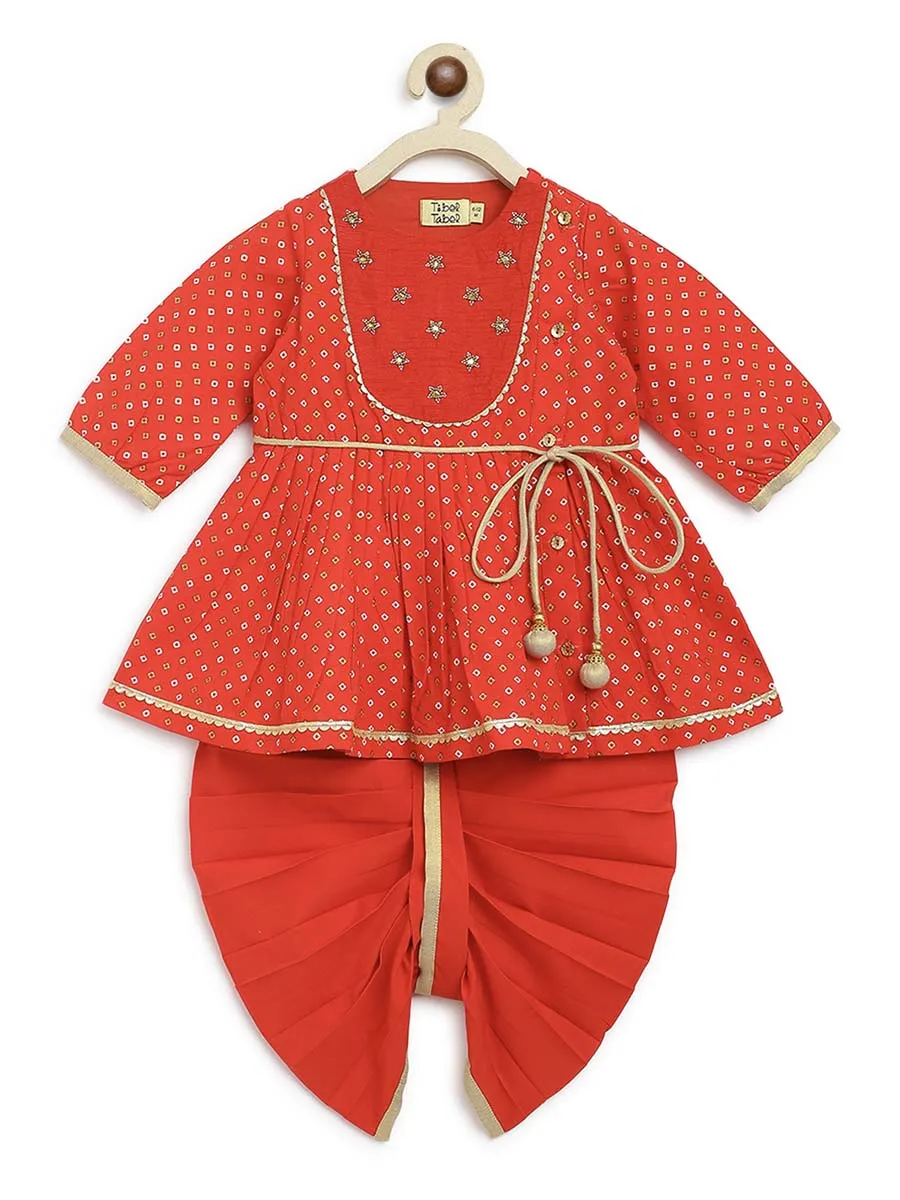 Baby Girl Bandhani Printed Angrakha Suit Set-Red