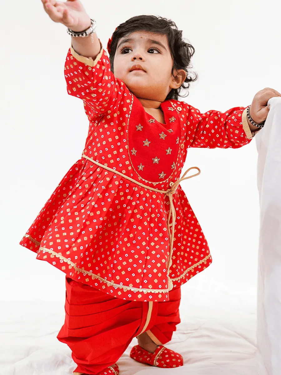 Baby Girl Bandhani Printed Angrakha Suit Set-Red