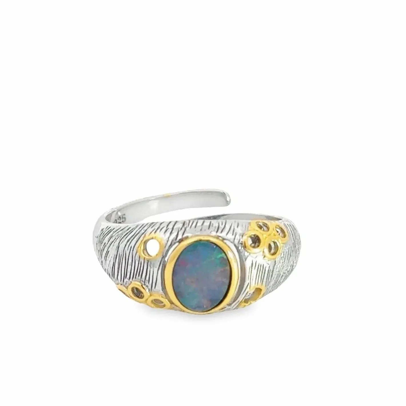 Baikalla Antique Natural Opal Sterling Silver Gold Plated Two Tone Ring