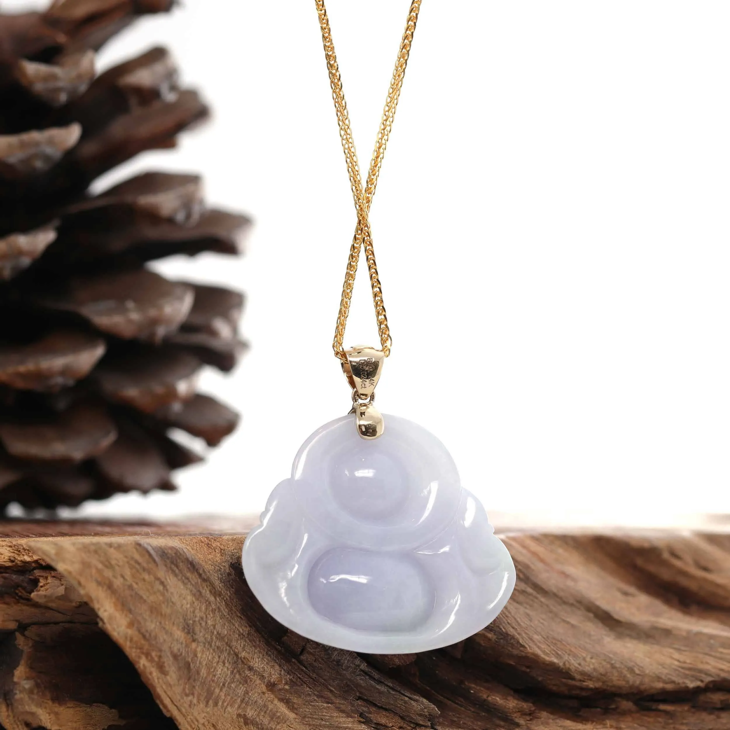 Baikalla "Laughing Buddha" 14k Yellow Gold Genuine Lavender Jadeite Jade with VS1 Diamonds Bail